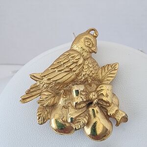 RR Robin Rush Brooch Partridge in a Pear Tree Christmas Gold Plated Metal Vtg